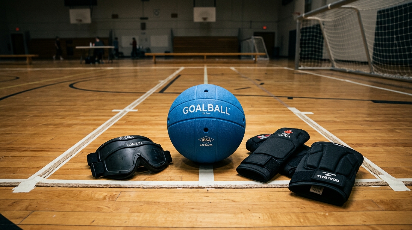 Paralympic goalball equipment including blue acoustic bell ball, blackout goggles, and tactile boundary lines