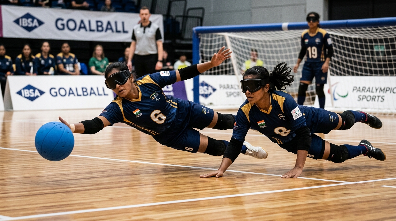 Visually impaired young female athletes in competition diving on indoor court defending bell-ball